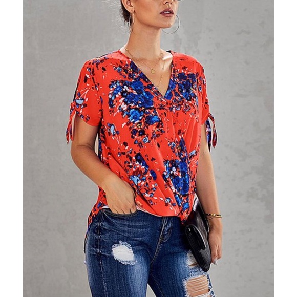 Red Floral Tie-Sleeve Surplice Top - Picture 3 of 5